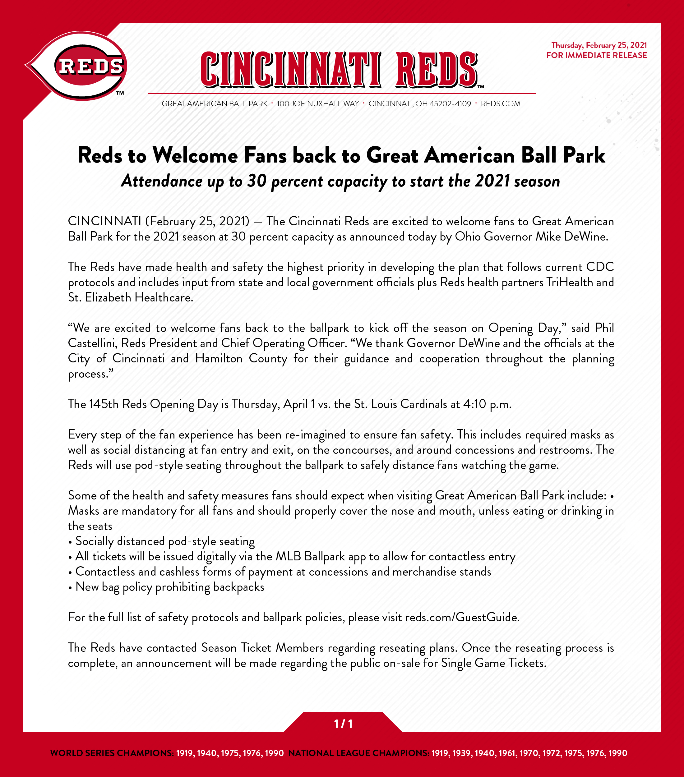 Cincinnati Reds welcome fans back to Great American Ball Park