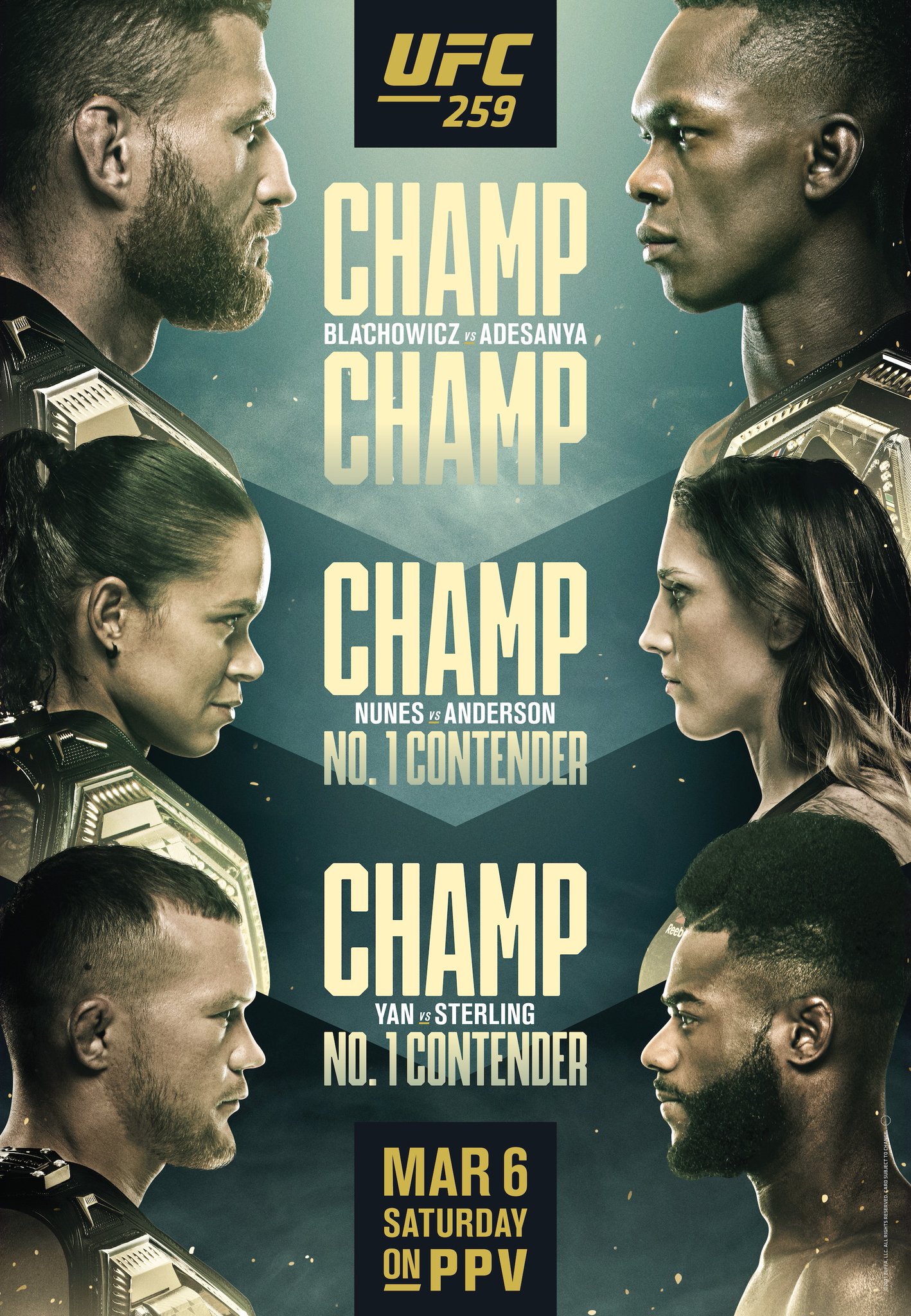 UFC on Twitter: "WELCOME TO FIGHT WEEK. 🏆🇵🇱 @JanBlachowicz vs 🇳🇿🏆  @Stylebender 🏆🏆 @Amanda_Leoa vs 🇦🇺 @MeganA_MMA 🏆🇷🇺 @PetrYanUFC vs  🇯🇲 @FunkmasterMMA #UFC259… https://t.co/mMz8WGFr7x"