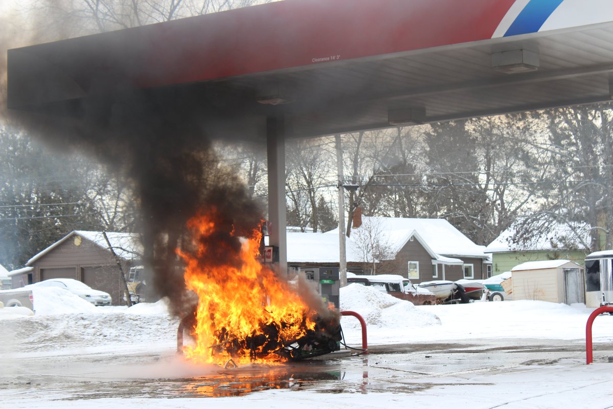 Snowmobile catches fire and burns while pumping gas at Vermilion Fuel and Food in Tower...no one hurt, no damage except to dispensing pump and canopy, and of course...the snowmobile. Rider was wearing full gear, protected him from the flames.
