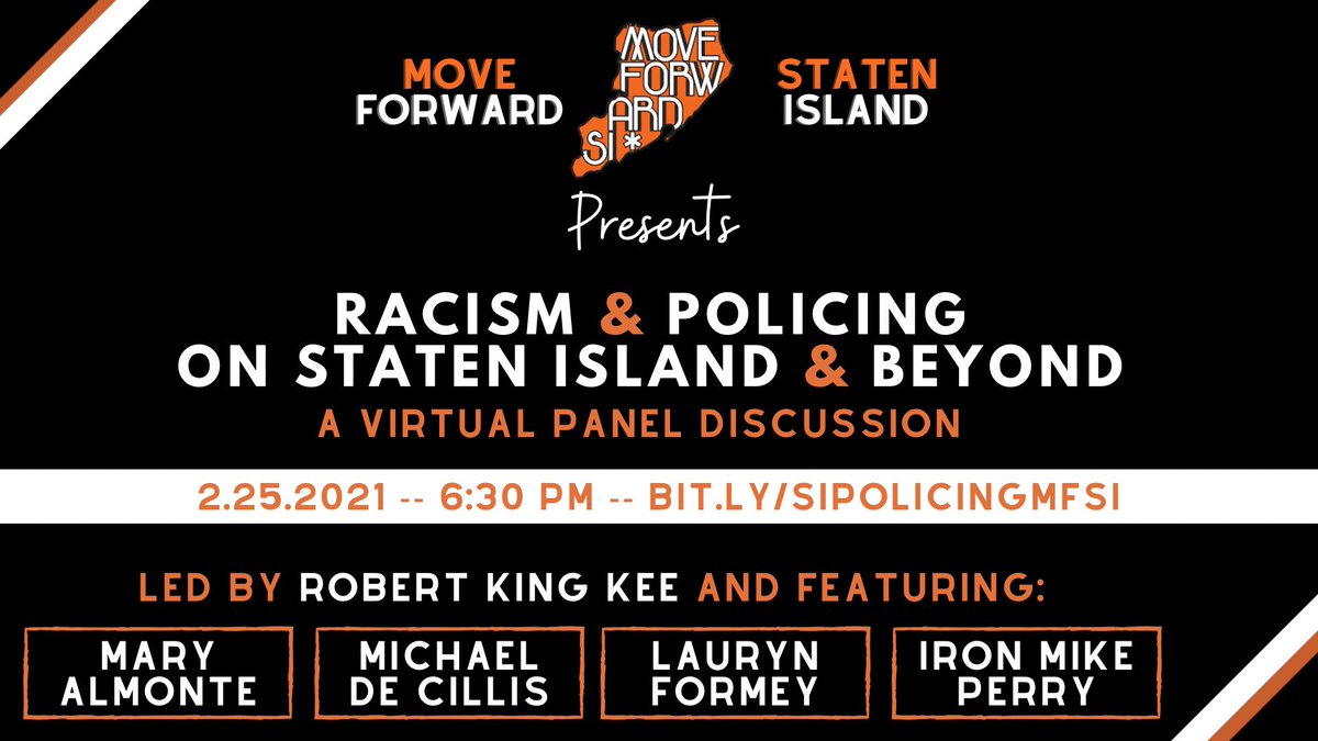 TONIGHT: Join us for an important panel discussion on racism and policing on #StatenIsland and beyond. Free virtual event. Register now: bit.ly/SIPOLICINGMFSI