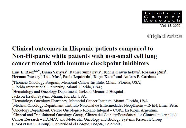 We just published Immunotherapy outcomes in 236 Hispanics with NSCLC compared with 180 White pts. Thanks to @AndresFCardonaZ Drs. Mas and Ruiz @NeoplasicasPeru , @DianaSaravia Dr Kaen and MCI team @MCIStrong @mhshospital @DanielSumarriva for this effort !!