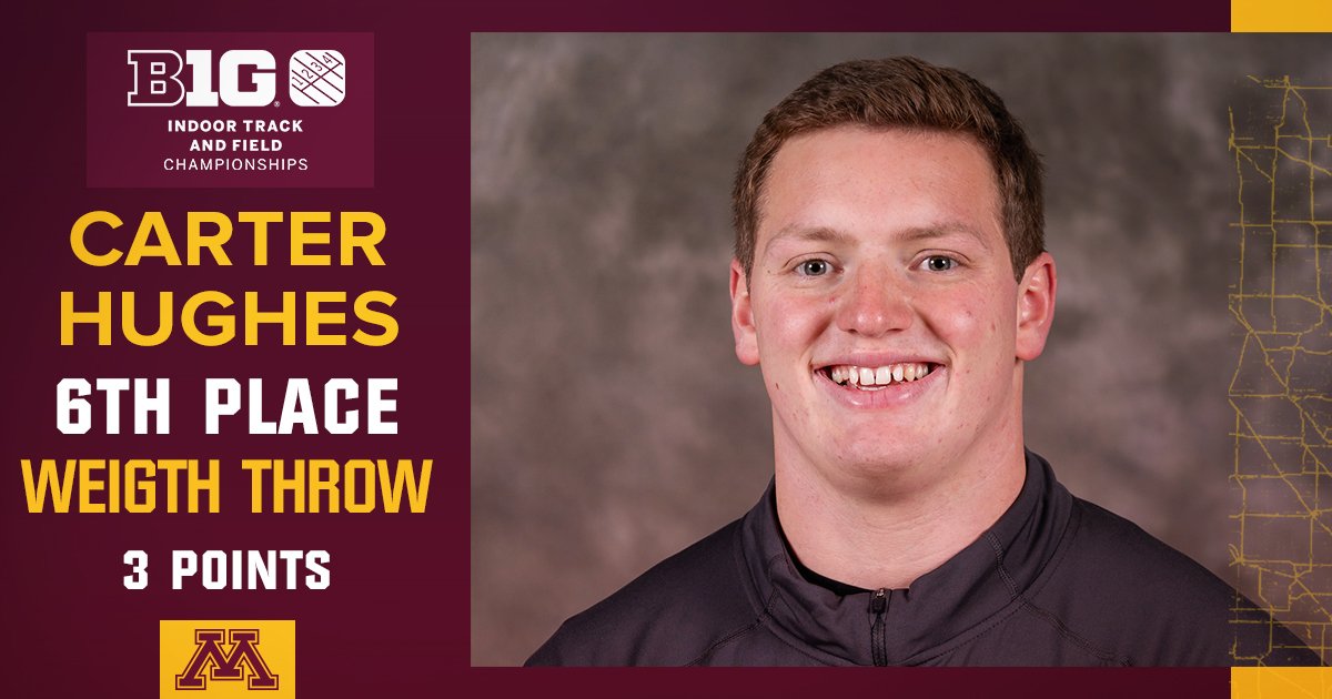 It's 17 points (!!!) for the #Gophers men in the #B1GTF weight throw led by a runner-up finish by All-B1G Second Team honoree Kaleb Siekmeier! 〽️

🥈 - Kaleb Siekmeier, 22.10m
🥉 - <a href="/BarnettPhillipe/">throw Daddy☄️</a>, 20.41m
6th - <a href="/HughesThrows/">Carter Hughes</a>, 20.13m 
9th - Kostas Zaltos, 19.61m