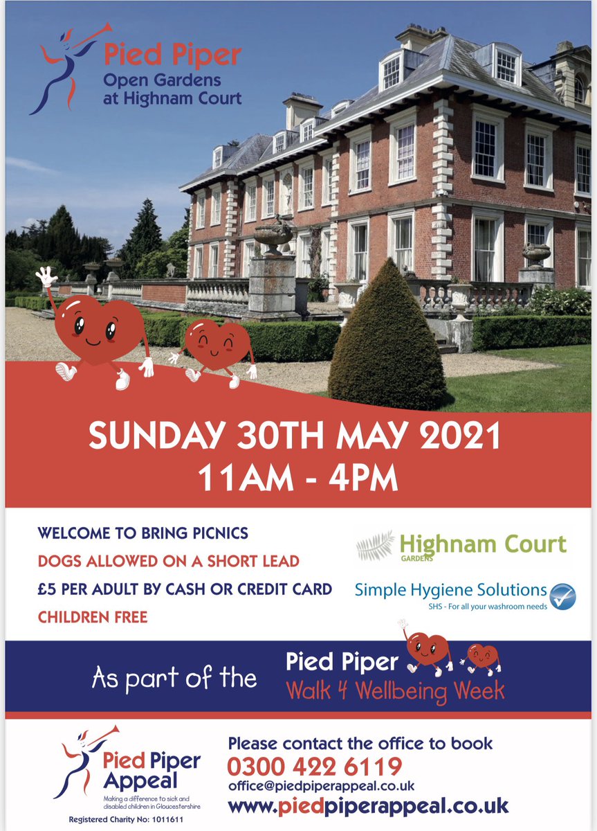 Pied Piper Appeal (@piedpiperappeal) on Twitter photo SAVE THE DATE SUNDAY 30th May
Pied Piper Open Gardens at Highnam Court thanks to <a href="/RogerHeadHS/">Roger Head OBE</a>
Thanks to <a href="/Intocleaning/">Simple Hygiene Solutions Ltd</a> we will be Covid Safe & look forward to kicking off our ‘Walk 4 Wellbeing Week’
<a href="/juliekentmbe/">Julie Kent MBE</a> <a href="/CathrynHage/">🪴Cathryn Hage 🌳</a> @sarmanse <a href="/TaylormadeServ1/">Taylormade Business Services</a> @DrCWhiting @GlosHorsePol SAVE THE DATE SUNDAY 30th May
Pied Piper Open Gardens at Highnam Court thanks to <a href="/RogerHeadHS/">Roger Head OBE</a>
Thanks to <a href="/Intocleaning/">Simple Hygiene Solutions Ltd</a> we will be Covid Safe & look forward to kicking off our ‘Walk 4 Wellbeing Week’
<a href="/juliekentmbe/">Julie Kent MBE</a> <a href="/CathrynHage/">🪴Cathryn Hage 🌳</a> @sarmanse <a href="/TaylormadeServ1/">Taylormade Business Services</a> @DrCWhiting @GlosHorsePol