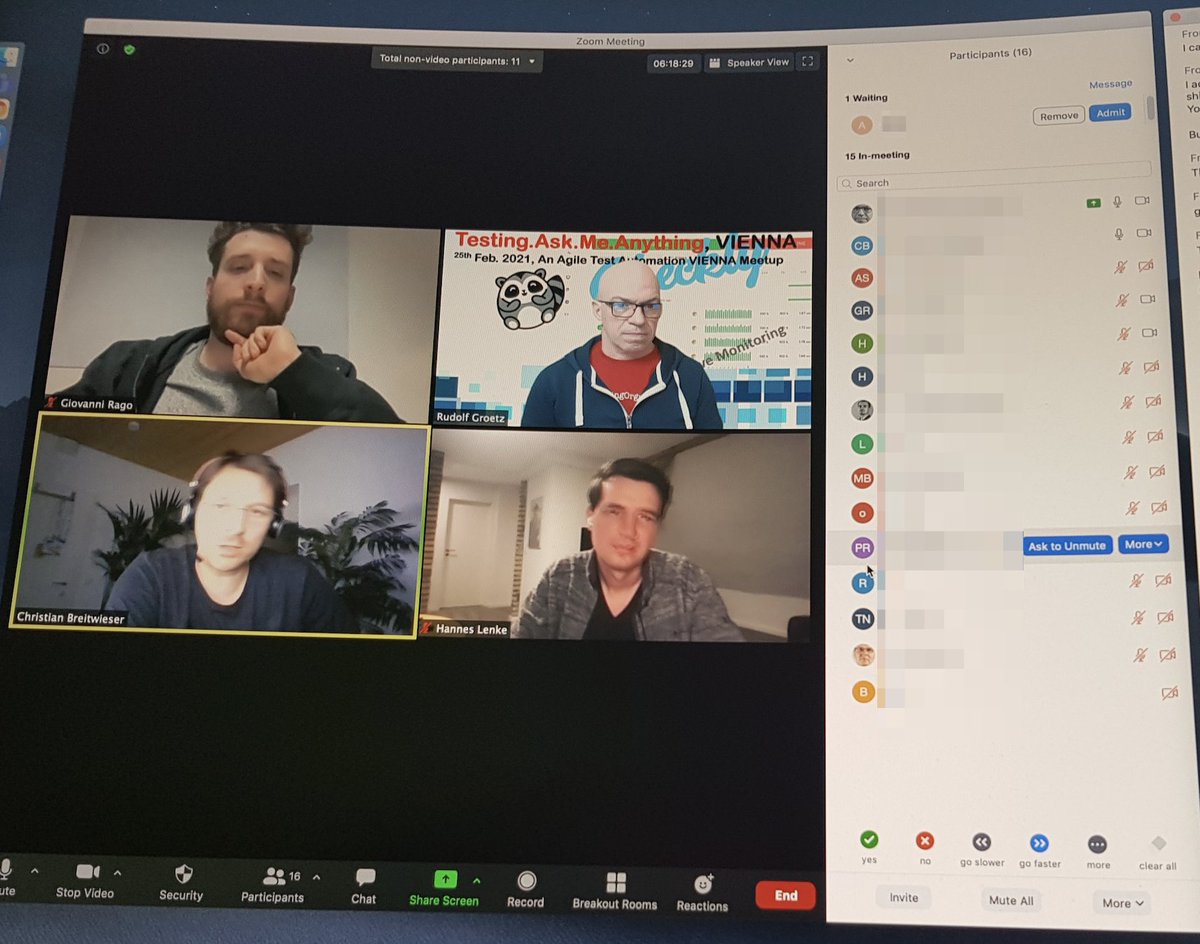 RudolfGroetz's tweet photo. After meetup party at #atamVIE - @rag0g @HLENKE christian breitwieser and #theCharmingOrganizer are hanging remotely around and discussing TestAutomationMonsters, the next #TestBustersNight and how Self-Healing automation tools are testing Self-Healing automation tools. https://t.co/xGAQR2Lh5k