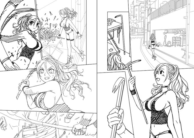 見開き単位で作業してた下描き…4。
台詞フキダシ擬音は非表示にしています。
一コマだけ完成済みの背景が入ってますが、もっとずっと大きな背景を作っておいてその中から最適な箇所を使用しています。
別の回では同じ背景の別の場所を使ってたりします_φ(>∇<;) 