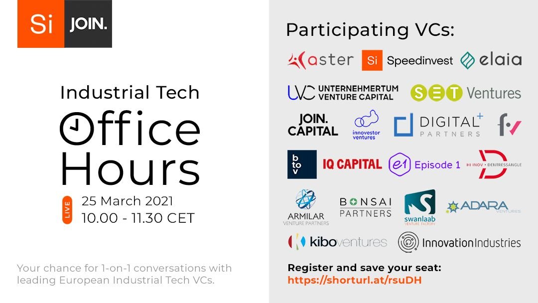 join_capital's tweet image. 📣 Calling all early-stage industrial tech startups!

@join_capital and @speedinvest  are hosting Remote European Industrial Tech Office Hours, with leading VCs from 10 countries participating ⚡️

More info here: bit.ly/3aUcDZ5

#industrytech #startups #venturecapital