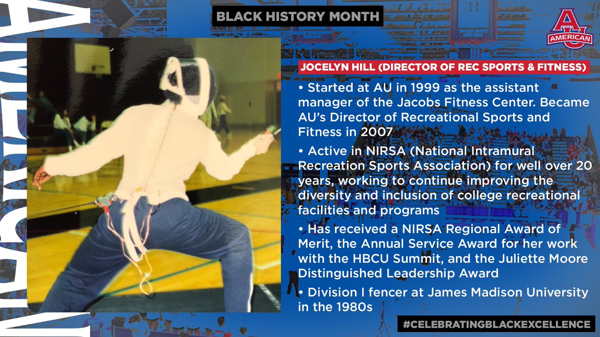 Jocelyn Hill's outstanding leadership and commitment to diversity &amp; inclusion in recreation has been deservedly recognized many times by <a href="/NIRSAlive/">NIRSA</a>. 

We’ve been blessed to have her in <a href="/AUrecfit/">AURecFit</a> since 1999.

bit.ly/JocelynHill

#CelebratingBlackExcellence
#AUEagles 🦅 | #BHM