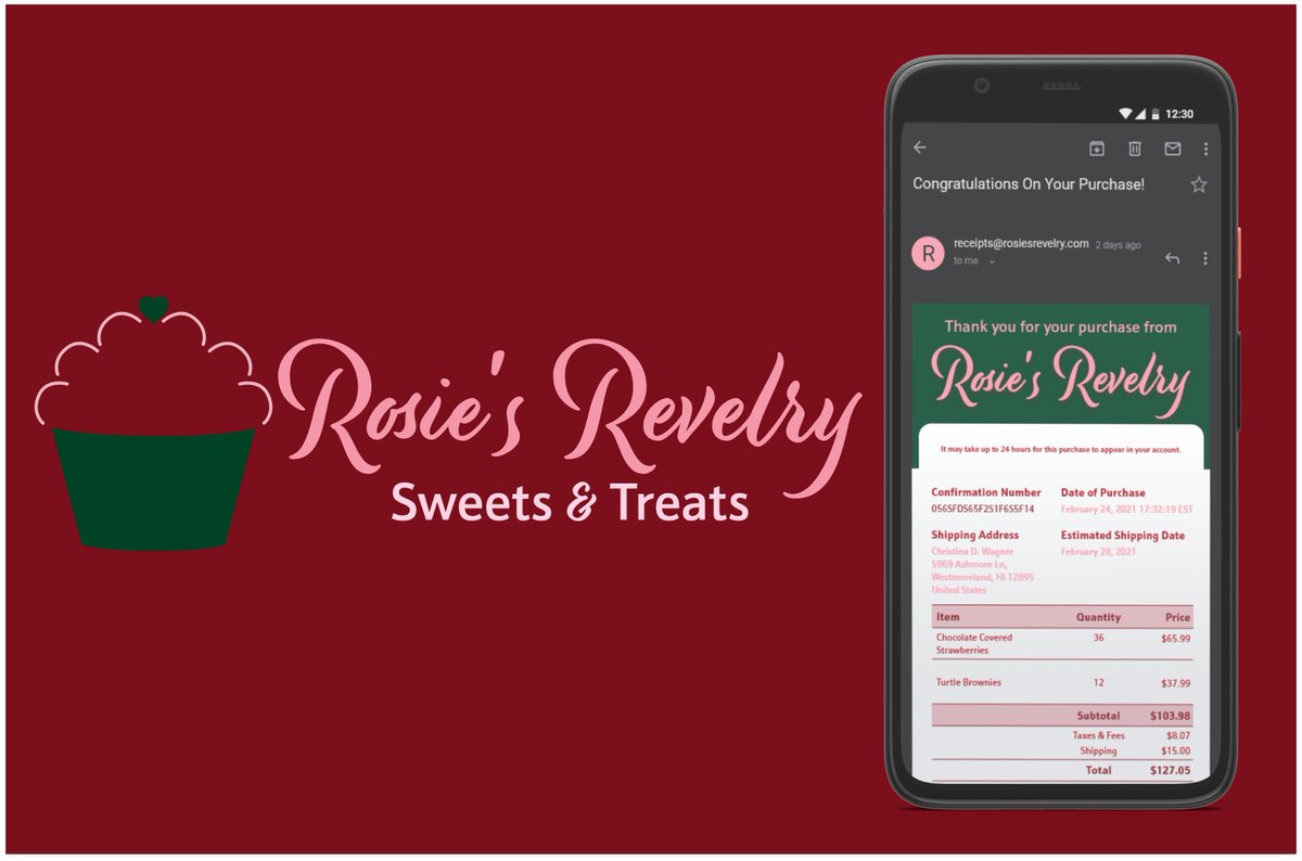 AMcRare's tweet photo. Rosie's Revelry: Sweets &amp; Treats - A UI Concept for #DailyUI :: 017 (Email Receipt) https://t.co/QDhs2JQcy3