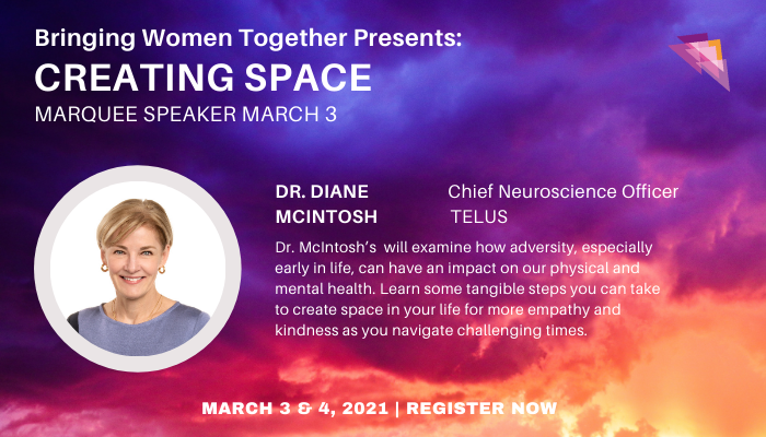 Build resilience through adversity with Dr. Diane McIntosh, BSc Pharmacy, MD, FRCPC on March 3, 2021. 

Register now: ow.ly/7KvA50DFBFs

#BWTCreatingSpace #BWTVancouver #BWTMarquee2021