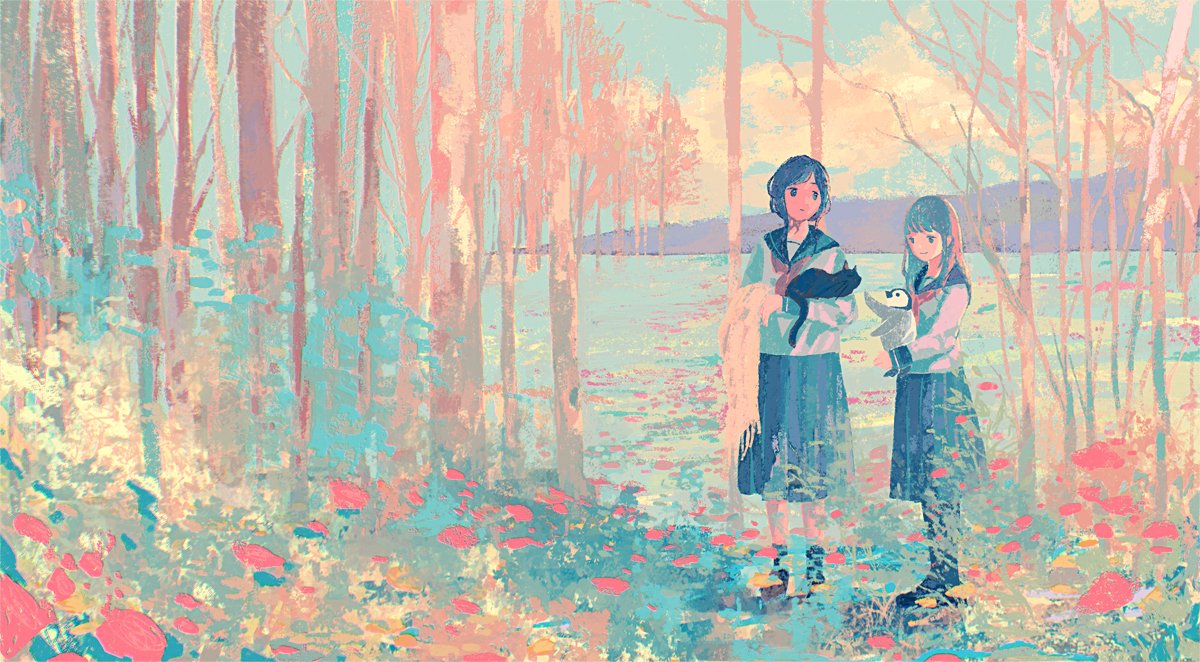 multiple girls 2girls skirt school uniform tree outdoors holding animal  illustration images