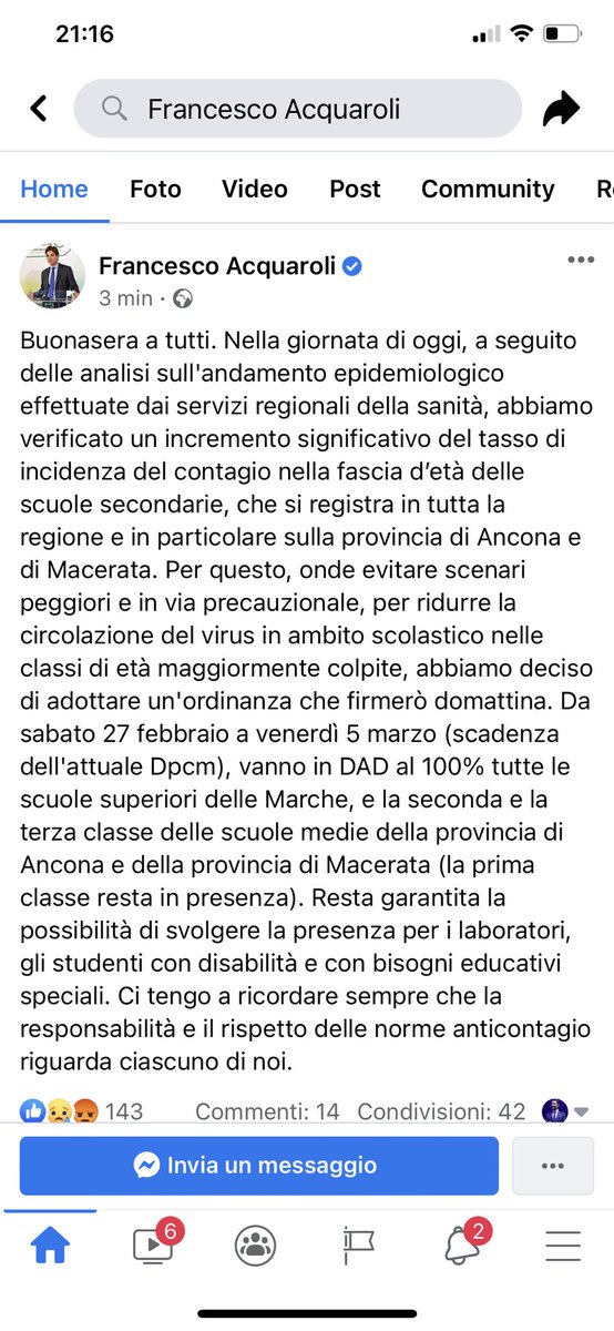 Occhio: #scuola #NoFakeNews #ufficiale: da sabato scuole superiori in Dad al 100% in tutte le Marche; in provincia di Ancona e Macerata anche 2e e 3e Medie in Dad al 100%. Lo ha annunciato poco fa il Pres. Acquaroli