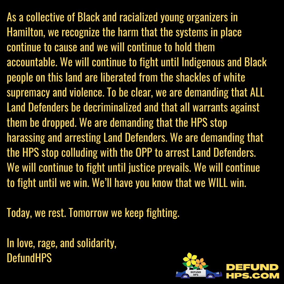 Our statement on yesterday and today’s events: We stand in solidarity with Land Defenders @1492LBL #1492landbacklane #defundthepolice #hamont #onpoli