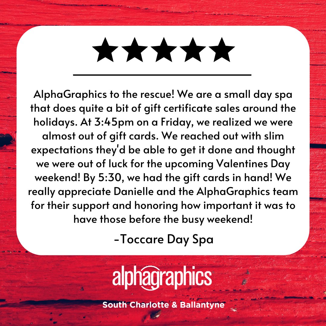 Thanks to our friends at <a href="/ToccareDaySpa/">Caci Thompson</a> for taking the time to write this review. We're so glad we could help your team out! In a pinch? Contact us at (704) 849-9292 &amp; find out how we can help!  #Charlotte #CharlotteNC #CharlotteBiz #CharlottesGotAlot #Print #Marketing #Design