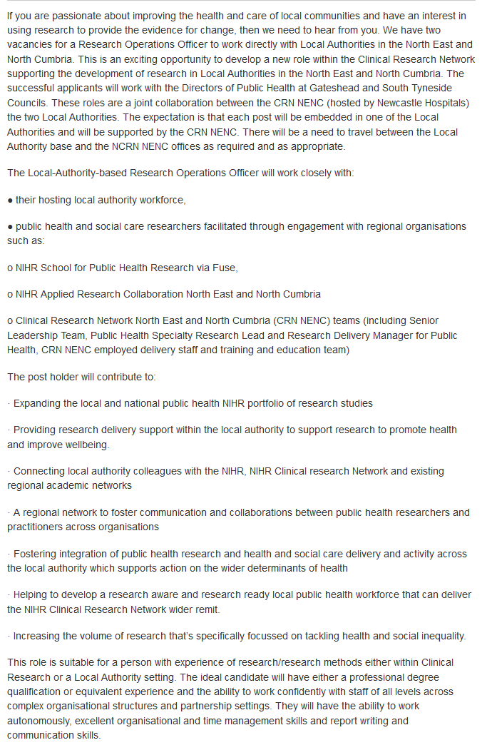 pubhealthjobsuk's tweet photo. Are you passionate about using evidence to improve the health of local communities? 

If so, check this out...

Research Operations Officer x 2 posts 
One embedded in Gateshead Council and one in South Tyneside Council
£31,365 - £37,890 
Closes 07/03

https://t.co/AKKGlxmIch https://t.co/zvryjw8k2Y