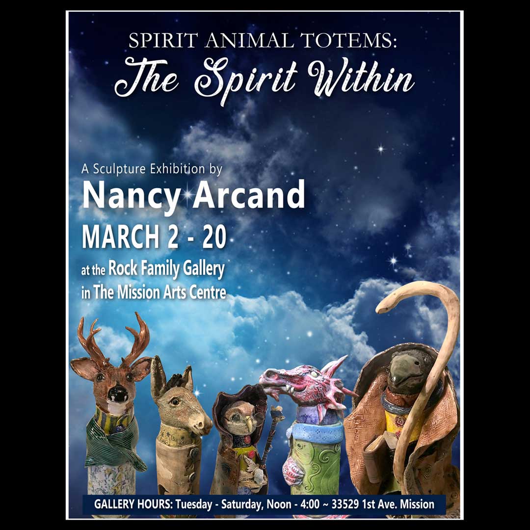 On next at the Mission Arts Centre, "Spirit Animal Totems: The Spirit Within", by Mission artist, Nancy Arcand.
Come find your spirit animal sculpture.
#MissionBC #MissionArtist #ClaySculptures #SpiritAnimals #SpiritTotems