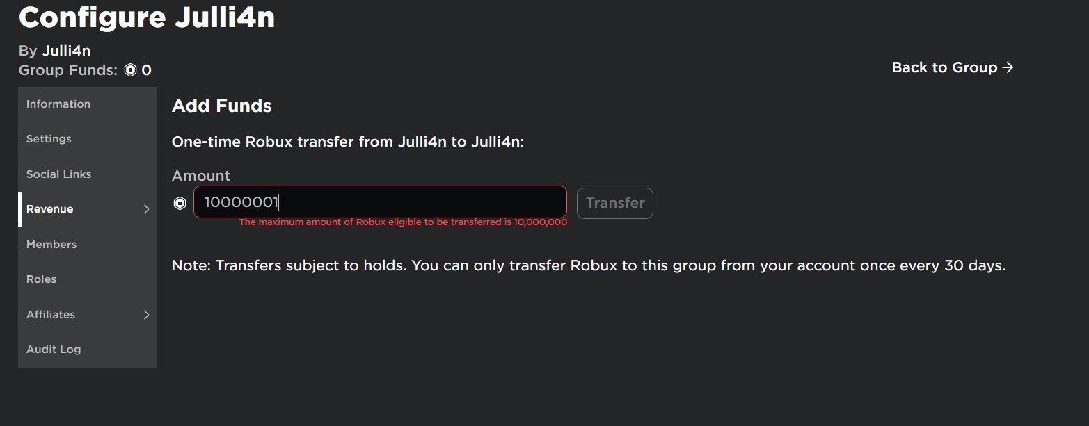 Bloxy News On Twitter Update Here Is Some More Info Along With A Sneak Peek At The Upcoming Add Funds Feature Maximum Amount You Can Transfer From A User To A - how to add robux to a group