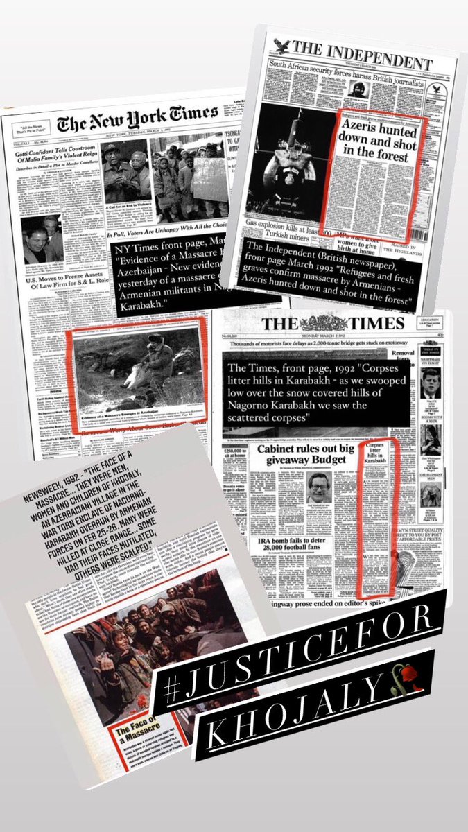 hajievanigarrr's tweet photo. 1992, March 3...
@nytimes @thetimes @Newsweek @Independent front page highlights bloody and brutal massacre perpetrated by Armenian armed forces against the civilians in #Khojaly region of #Azerbaijan
#JusticeforKhojaly #HistoryRemembers  #KhojalyMassacre https://t.co/cDF88vb0BV