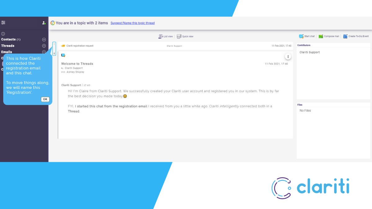 getclariti's tweet image. Topic threads will change your work day for the better. When similar items are grouped together, you&apos;ll be able to work more efficiently. #worksmarter #topicthreads #organization #efficiency clariti.app