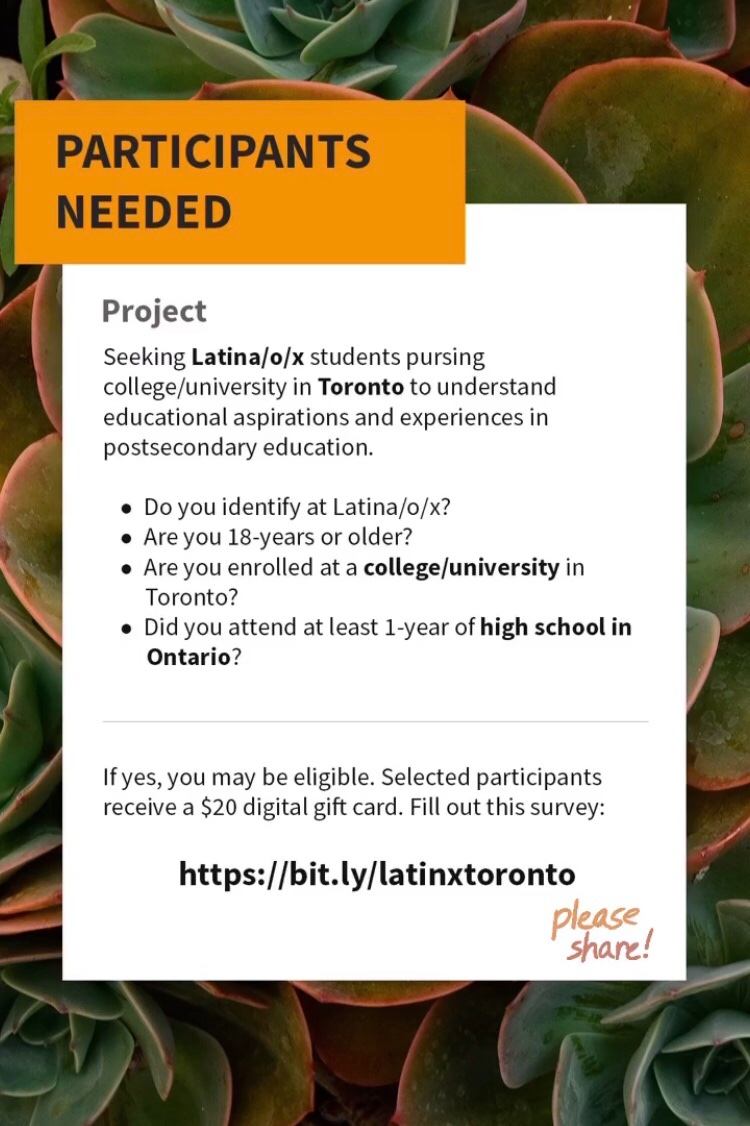 DanCanThinks's tweet photo. Sharing for my colleague’s research: 

If you are a Latinx post-secondary student in Toronto who attended high school in Ontario, please check this out! ⬇️

https://t.co/Ihv66YNxvy https://t.co/ki6lxm8cbC
