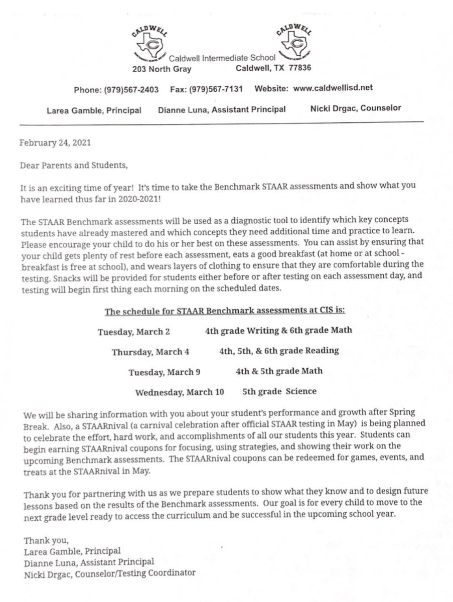 caldwellinter's tweet photo. A parent letter about our Benchmark STAAR assessments was sent home with students. https://t.co/oWVoSQIUcm