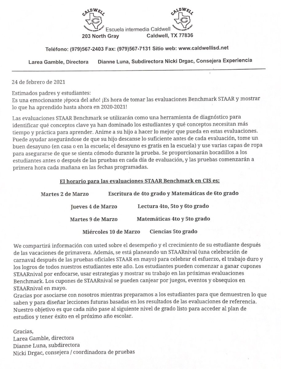 caldwellinter's tweet photo. A parent letter about our Benchmark STAAR assessments was sent home with students. https://t.co/oWVoSQIUcm