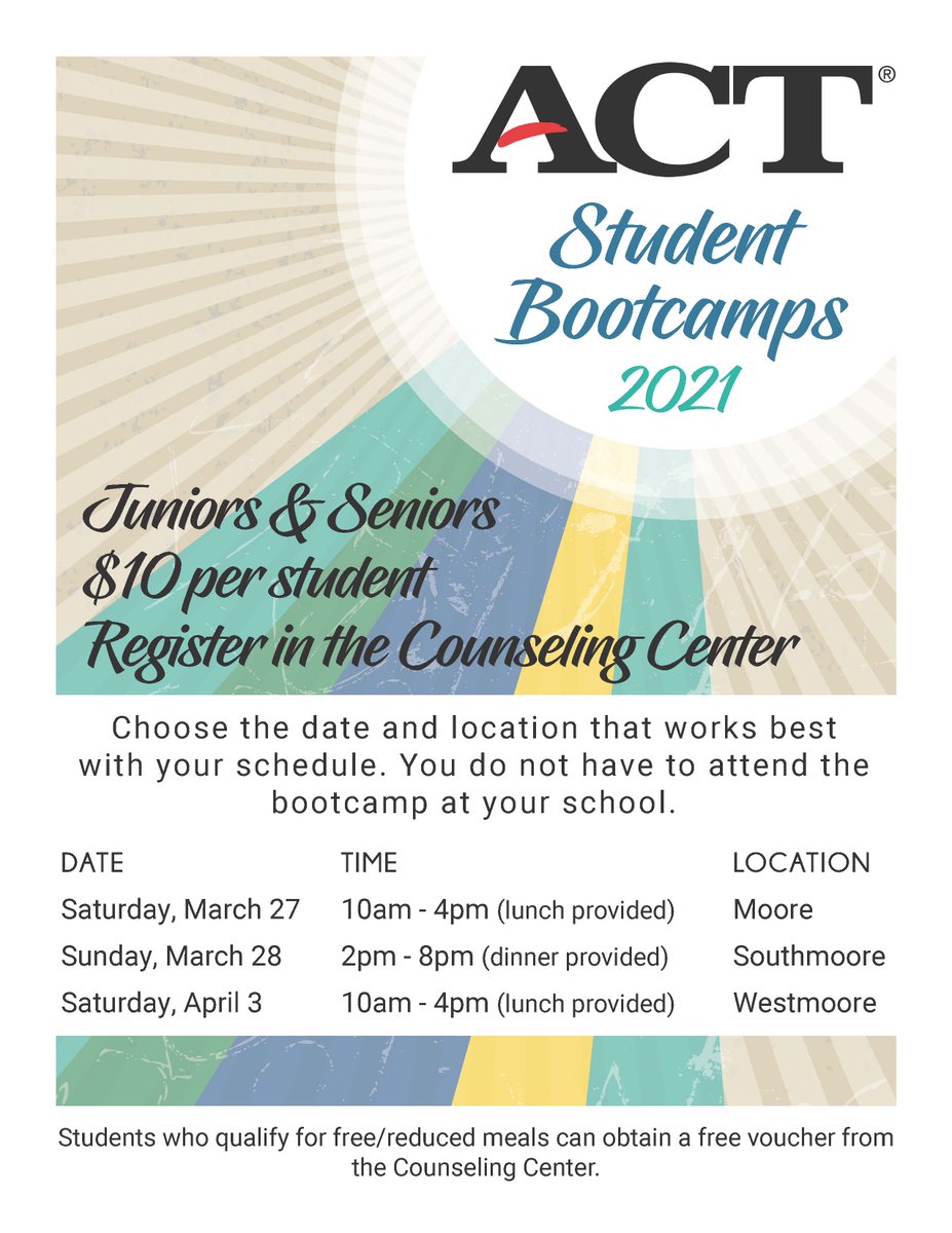 MoorePublicSch's tweet photo. These ACT preparation opportunities are for Juniors and Seniors and will be in March and April. They are very helpful for our students and only $10/person. Please share with those you think may want to utilize this opportunity! #mpspride @MooreHS1 @WestmooreHS @SouthmooreHS https://t.co/h4fKfP9IKu