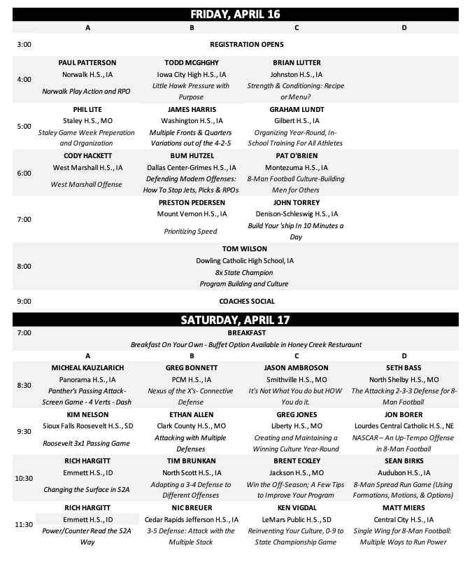 🚨🚨 2021 SPEAKER LIST 🚨🚨

We're biased, but we think you would be hard-pressed to find a better selection of high-quality coaches who are passionate about sharing what they know and collaborating with you to improve your program!

Registration: seiowafootballclinic.com