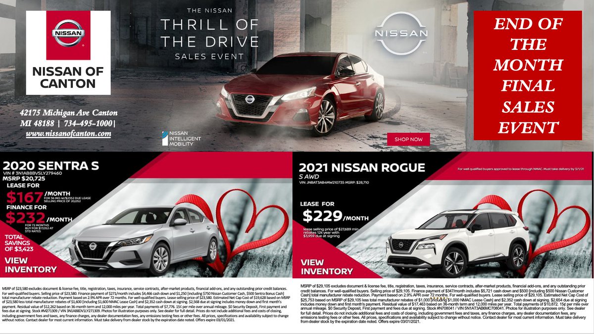 CantonNissan's tweet photo. Check out our end of the month final sales event.  For more information go to https://t.co/e8e8PgDtCS or call 734-392-8237. https://t.co/71e65JbeCM