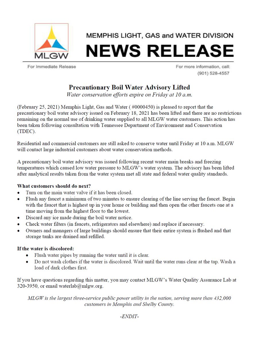 #MLGW is pleased to report that the precautionary boil water advisory issued on February 18, 2021 has been lifted and there are no restrictions remaining on the normal use of drinking water supplied to all water customers. #MLGWNews #ServingYouIsWhatWeDo