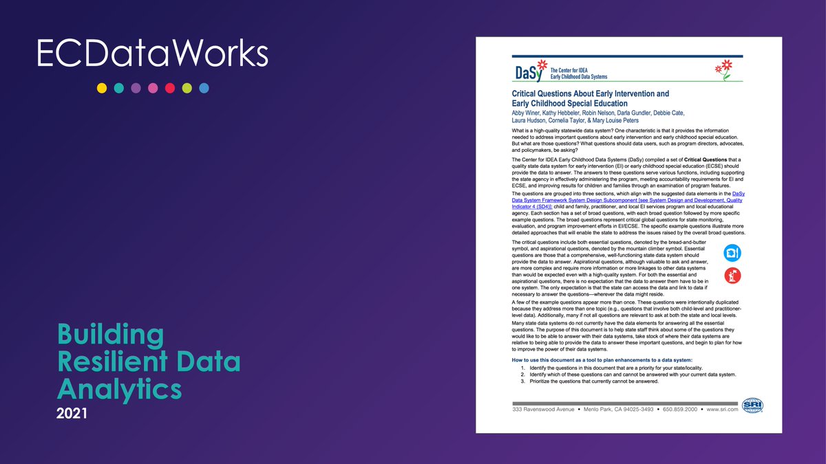 ECDataWorks's tweet photo. [RESOURCE] @DaSyCenter' Critical Questions About Early Intervention and Early Childhood Special Education #SLDS as presented at #ECDW2021 #ECIDS #earlycare #ECE #earlyed #IDS https://t.co/RZjIlhEeU1 https://t.co/oRxIrj3qk8