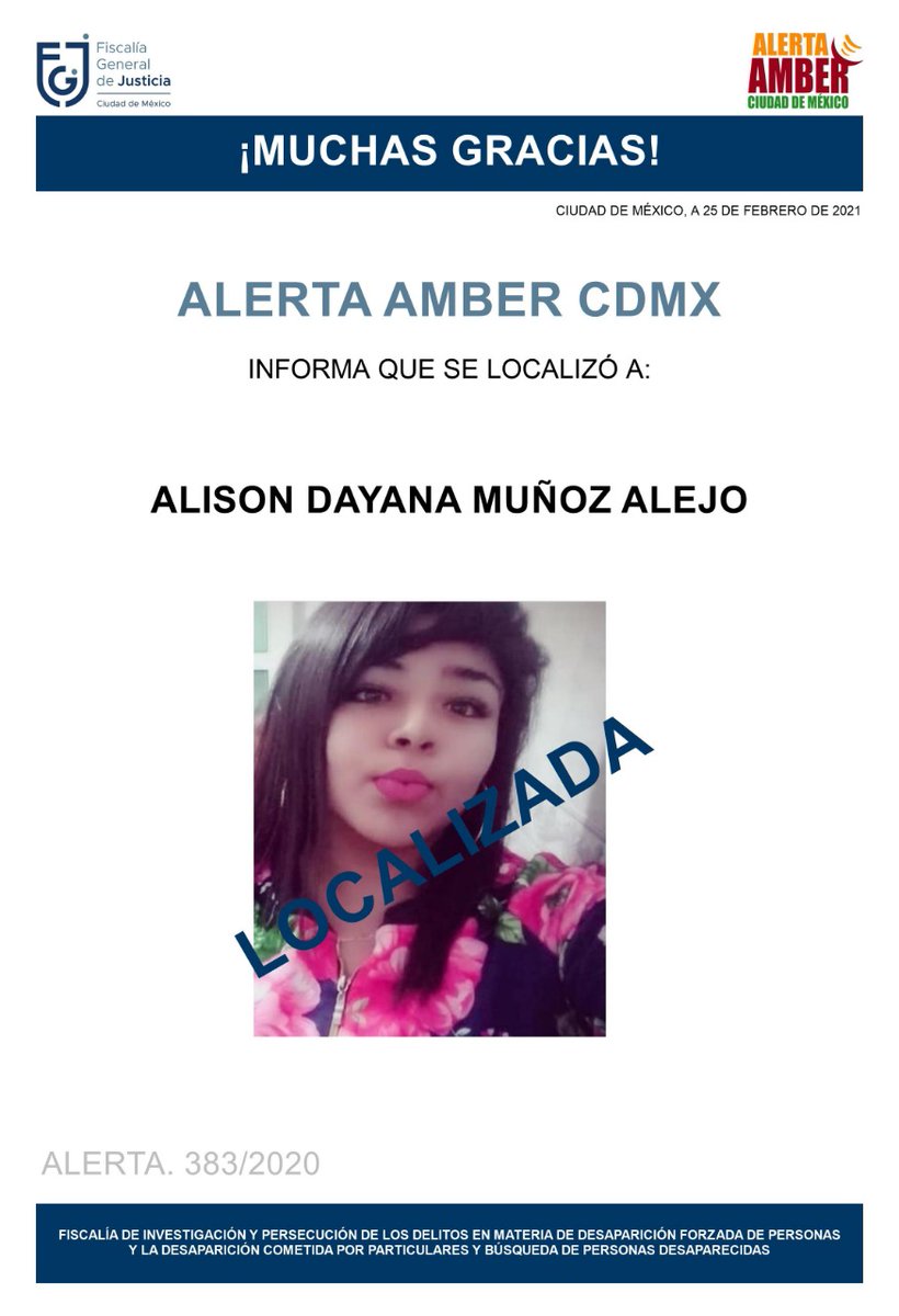 FiscaliaCDMX's tweet photo. La menor Alison Dayana Muñoz Alejo, ha sido localizada, se desactiva #AlertaAmber, agradecemos a la ciudadanía, medios de comunicación e instituciones @ApoyoVial @889Noticias https://t.co/v597Ta9plP