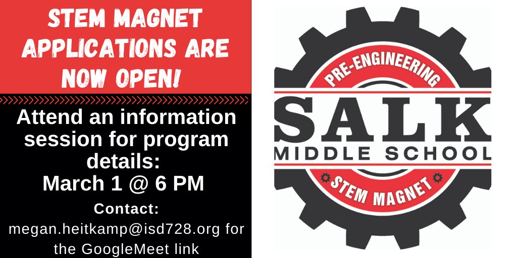 Our second magnet lottery is open, and accepting applications. Join our info session to learn about our value-added programming, and STEM-integrated curriculum. All students are welcome! Email megan.heitkamp@isd728.org for the GoogleMeet link. <a href="/ISD728/">ISD 728</a> <a href="/MagnetSchlsMSA/">Magnet Schools of America</a>
