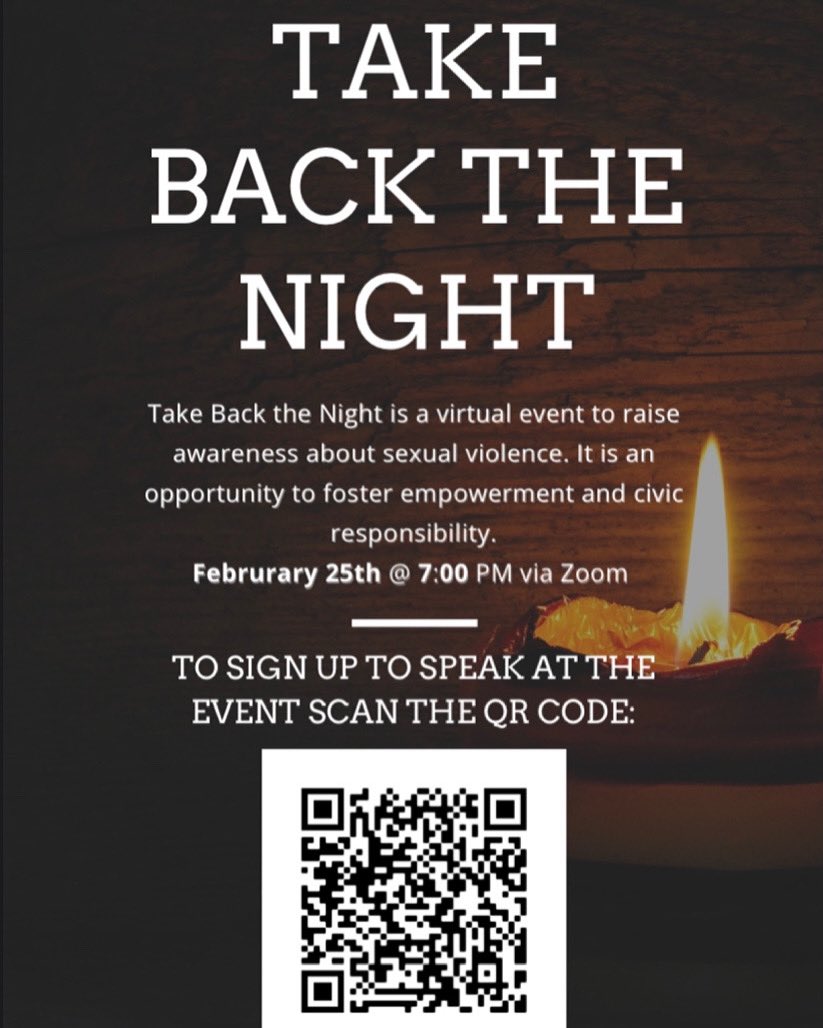sasegsu's tweet photo. Together we can raise awareness about sexual violence. Join us as we “Take Back The Night” as an Eagle community. 🕯 

•The event will be held tonight at 7 PM via Zoom. Click the link in our bio for quick access to the zoom link for tonight’s event, plus more! https://t.co/5bNwC7kV0a