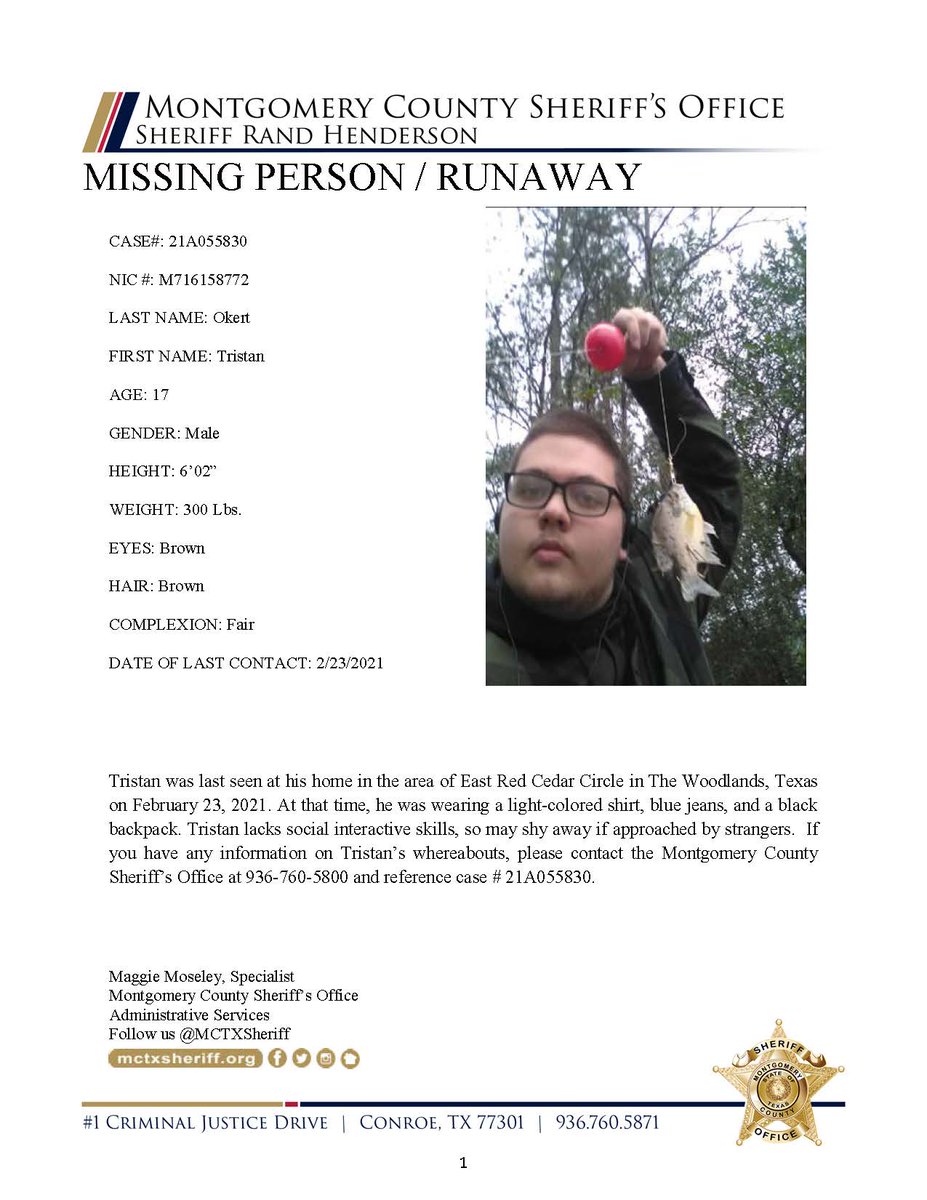 If you have any information on Tristan’s whereabouts, please contact the Montgomery County Sheriff’s Office at 936-760-5800 and reference case # 21A055830.