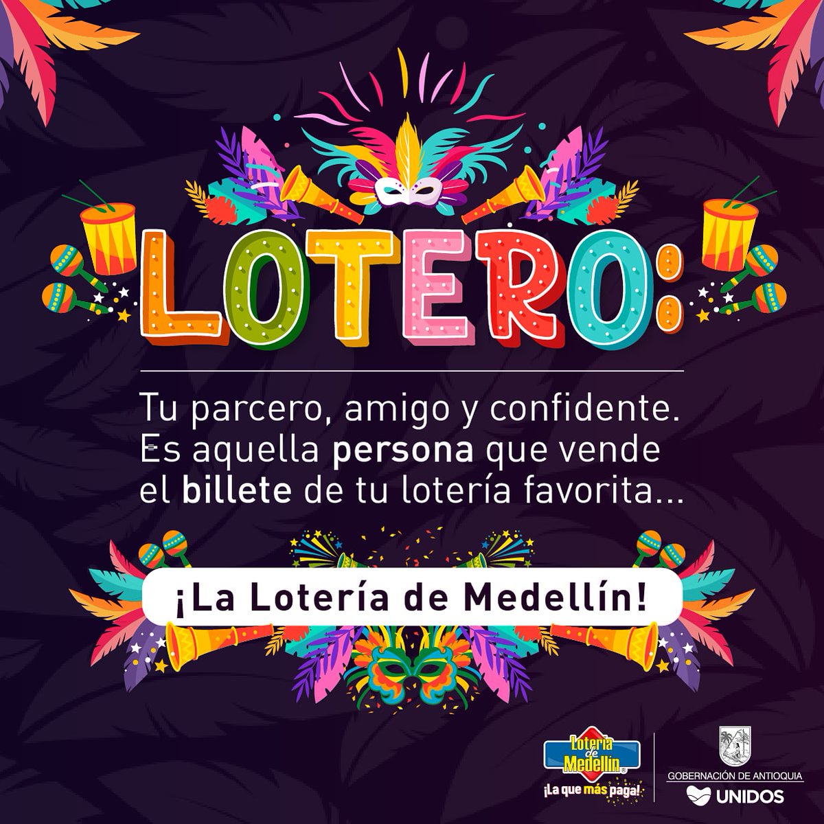 LoteriaMedellin's tweet photo. Un #lotero es esa persona de confianza que nos brinda la oportunidad de  convertirnos en  millonarios todas las semanas. Ellos saben que jugar con la que más paga es la mejor opción 🥳🎉.

¡Somos la lotería preferida de toda Colombia!

#SomosLaQueMásPaga https://t.co/uHSYnWIXfk