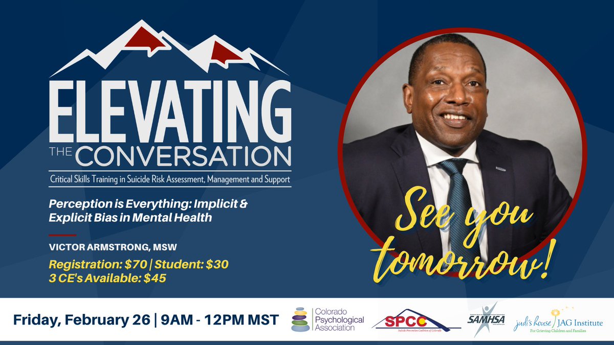 See you tomorrow! Don't miss this important conversation about bias in #mentalhealth with distinguished guest Victor Armstrong, MSW (<a href="/1of2vics/">Victor Armstrong, MSW</a>). CE's available. Deadline to register is tonight at 5 pm MST: bit.ly/36yKW5t