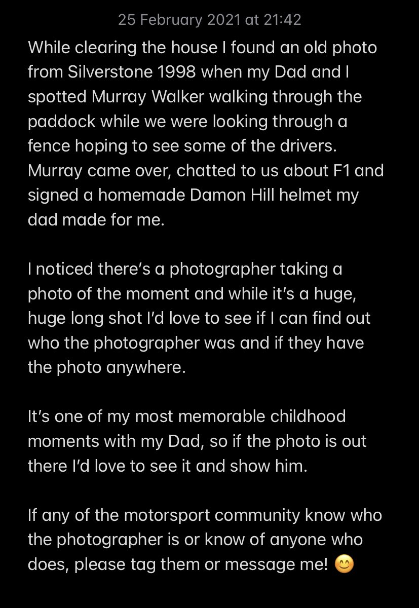 TomP1Bellingham's tweet photo. This could be a HUGE long shot but can F1 Twitter help me try and find the photographer (and potentially photo) from this moment at Silverstone 1998 when my Dad and I met Murray Walker @HillF1 @SilverstoneUK https://t.co/fDcfuJTX08