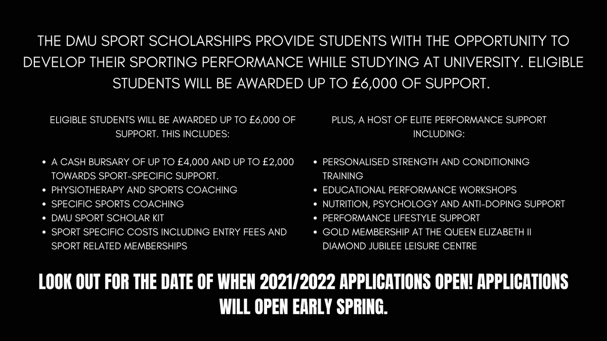 DMUsports's tweet photo. DMUsport Scholarships! DMU Sport Scholarships provide students with the opportunity to develop their sporting performance while studying at university. For more information read the graphics below or visit 
🔗 https://t.co/vQEPvXpmSh

#ProudtobeMore
#KeepDMUactive

🖤 🖤 🖤 https://t.co/vUF6oI21CW