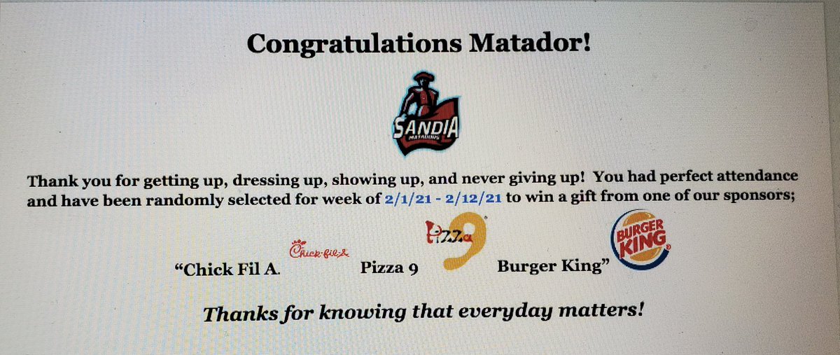 MsChavez_SHS's tweet photo. Shout out to the 764 Matadors who had perfect attendance during the weeks of 2/1-2/13. Of those students, 232 winners were randomly selected to win a gift. Check your snail mail, you could be a winner! 🍉🍉@SHSdanza @MrsGonzales_SHS @APSLZ4 #EverydayMatters https://t.co/XGbZ6MzOy2