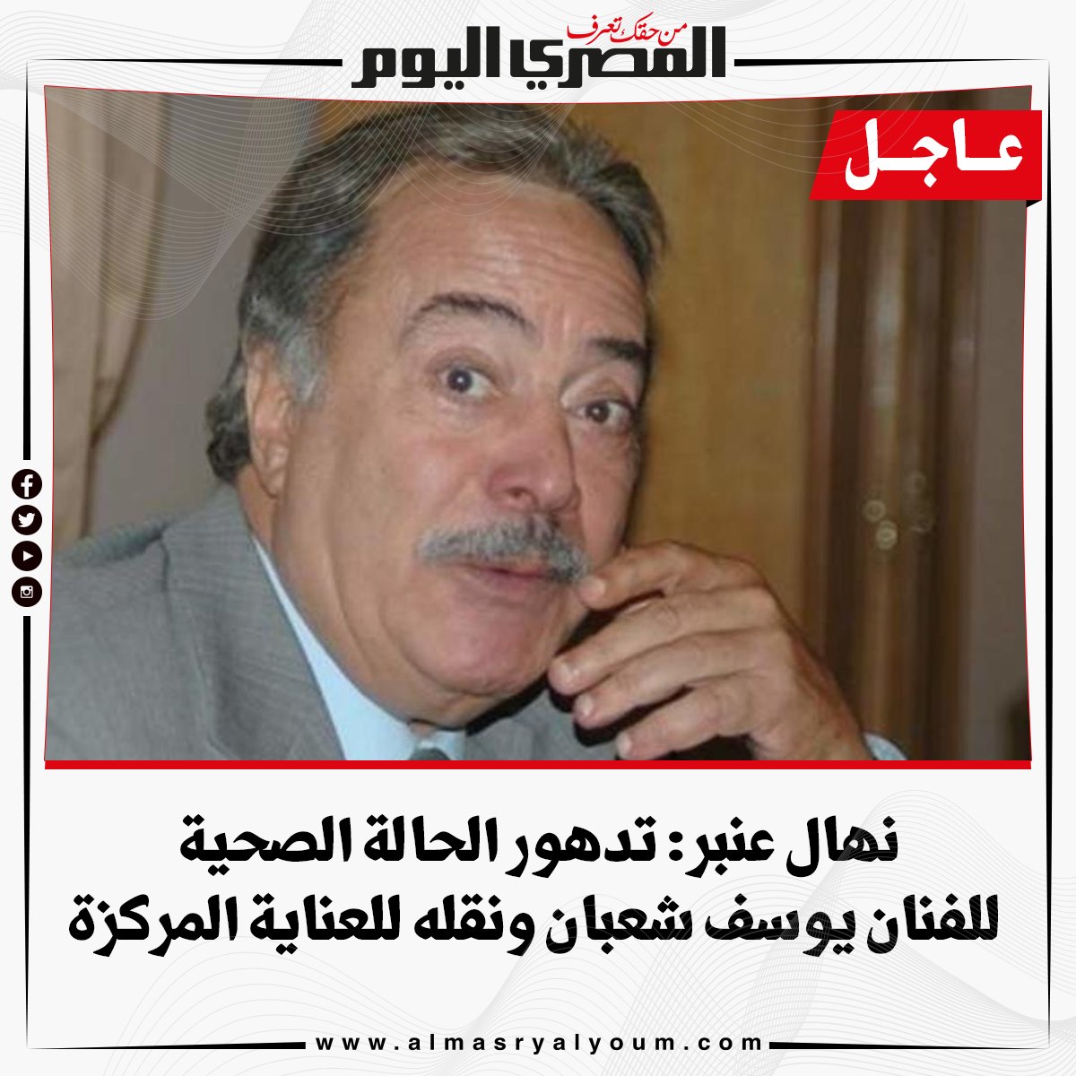 عاجل نهال عنبر تدهور الحالة الصحية للفنان يوسف شعبان ونقله للعناية المركزة