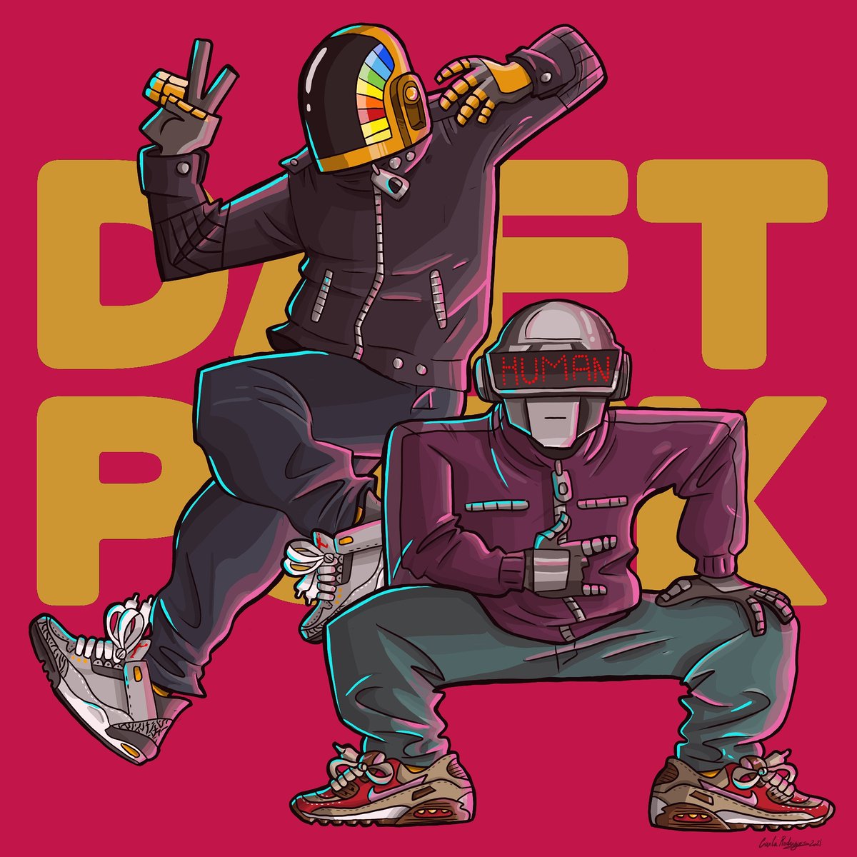 cslayer's tweet image. Nothing like a band splitting up to cook up some fan art. I should have drawn these delightful dance robots a long time ago, but well, here they are now! Dance the robot rock into the sunset, my dudes 

#daftpunk #fanart #robotrock #illustration #digitalart