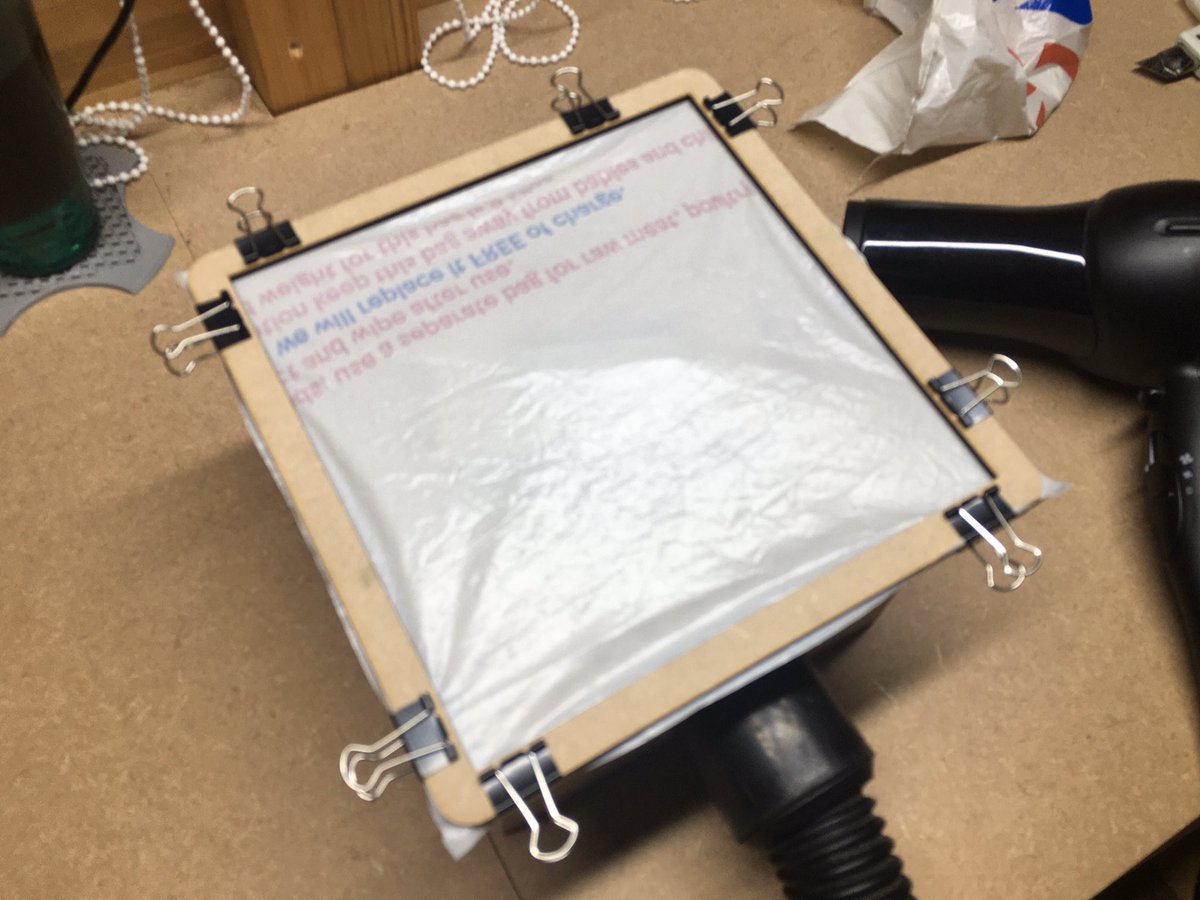 kerry_truman's tweet photo. @JonMartlewCPD @TrentUni kind of.. itβs a quick #vacformer build to share with our @NTUadbe Yr2 students currently working on a project with #recycled materials and βfound at homeβ materials.. kind of works with a hairdryer.. need to iron a few bags together to test properly.. any thoughts..? #DTchat π https://t.co/3wBlGvOWFx
