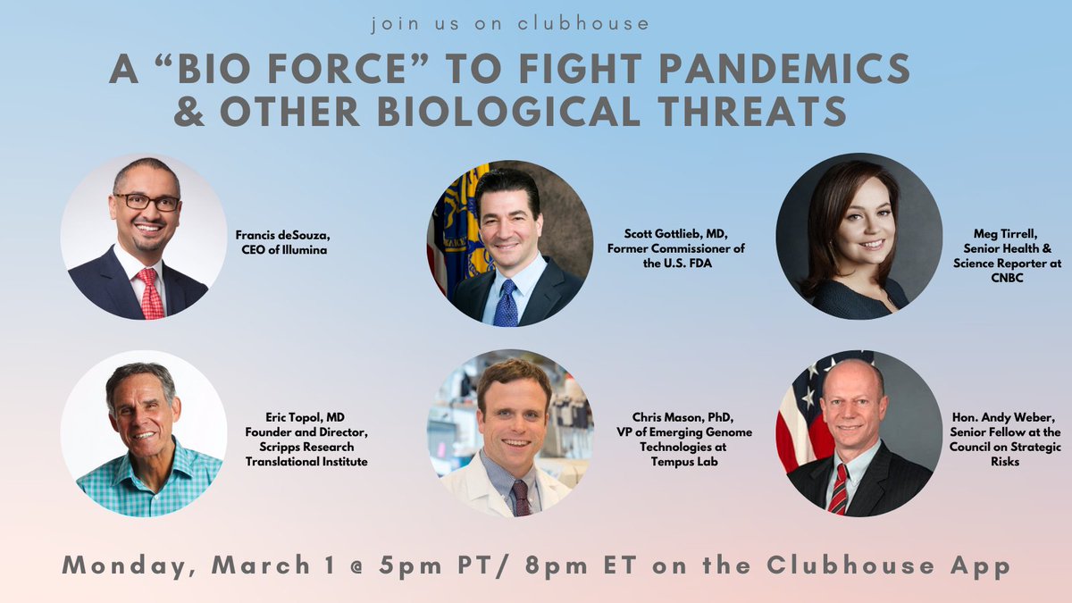 Biology provides us with the biggest advances &amp; the most serious threats. Join <a href="/fdesouza/">Francis deSouza</a> <a href="/ScottGottliebMD/">Scott Gottlieb, MD 🇺🇸</a> <a href="/megtirrell/">Meg Tirrell</a> <a href="/EricTopol/">Eric Topol</a> <a href="/mason_lab/">Chris Mason</a> <a href="/AndyWeberNCB/">AndyWeberNCB</a> for a Clubhouse conversation on the need for a global surveillance system to prevent future pandemics. joinclubhouse.com/event/xl7QNAG4
