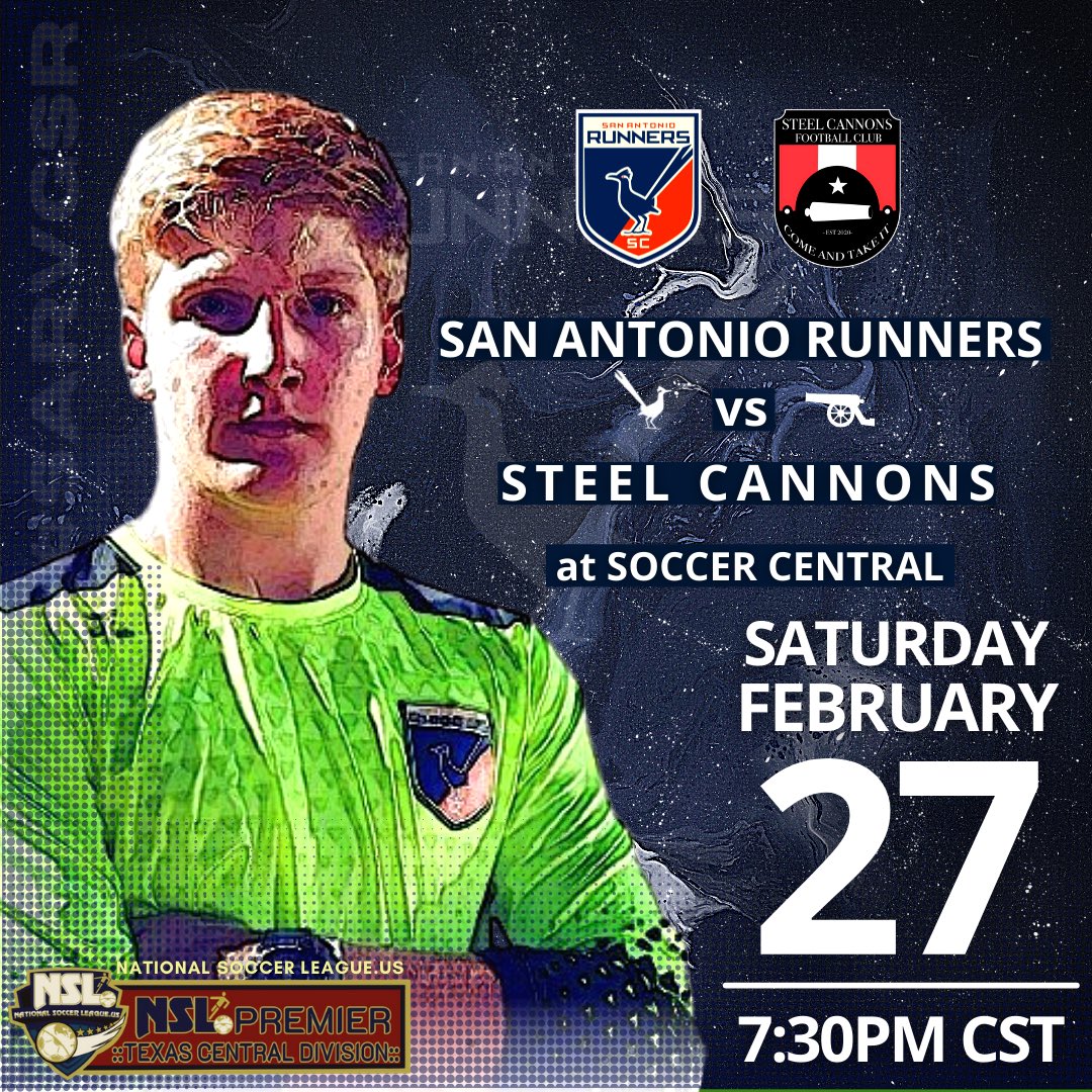 sarunnerssc's tweet photo. 🚨 Next Match! 🚨
🆚 @cannons_fc 
⏰ 7:30 PM CST
📅 Saturday, February 23, 2021
🏆@NSLSoccerLeague 
🏟 @soccercentralsa
📍6610 Low Bid Ln. 
🌎 San Antonio, TX
📣 #SARvGSC

#sarunnerssc #fastestfeetintown #futbolsa  #nslsoccer #soccercentral #gonzales https://t.co/wY6bRTHDYN
