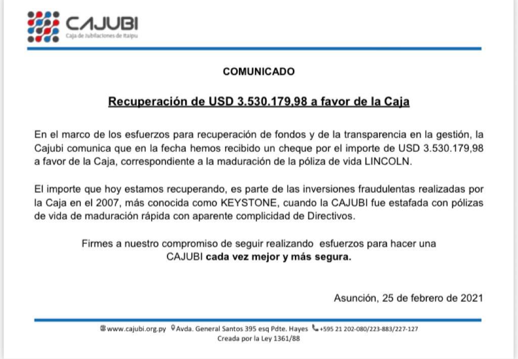 📣📣Recuperación de USD 3.530.179, 98 a favor de la Caja‼ 
Estas acciones se enmarcan en los esfuerzos para la recuperación de fondos y transparencia de la gestión.🔛
Firmes en nuestro compromiso de hacer una CAJUBI cada vez mejor y más segura ✔💯🔝
