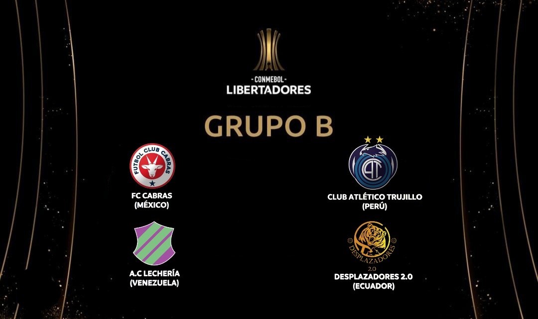 Les presentamos el Grupo B de la Copa Libertadores de América -Hattrick-!!

<a href="/FcCabras/">FC Cabras</a> 🇲🇽
<a href="/DCloroquina/">Deportivo Cloroquina</a> 🇵🇪
A.C Lechería 🇻🇪
<a href="/desplazadores/">Desplazadores</a> 🇪🇨

Los partidos comienzan el Lunes 1 de Marzo!!