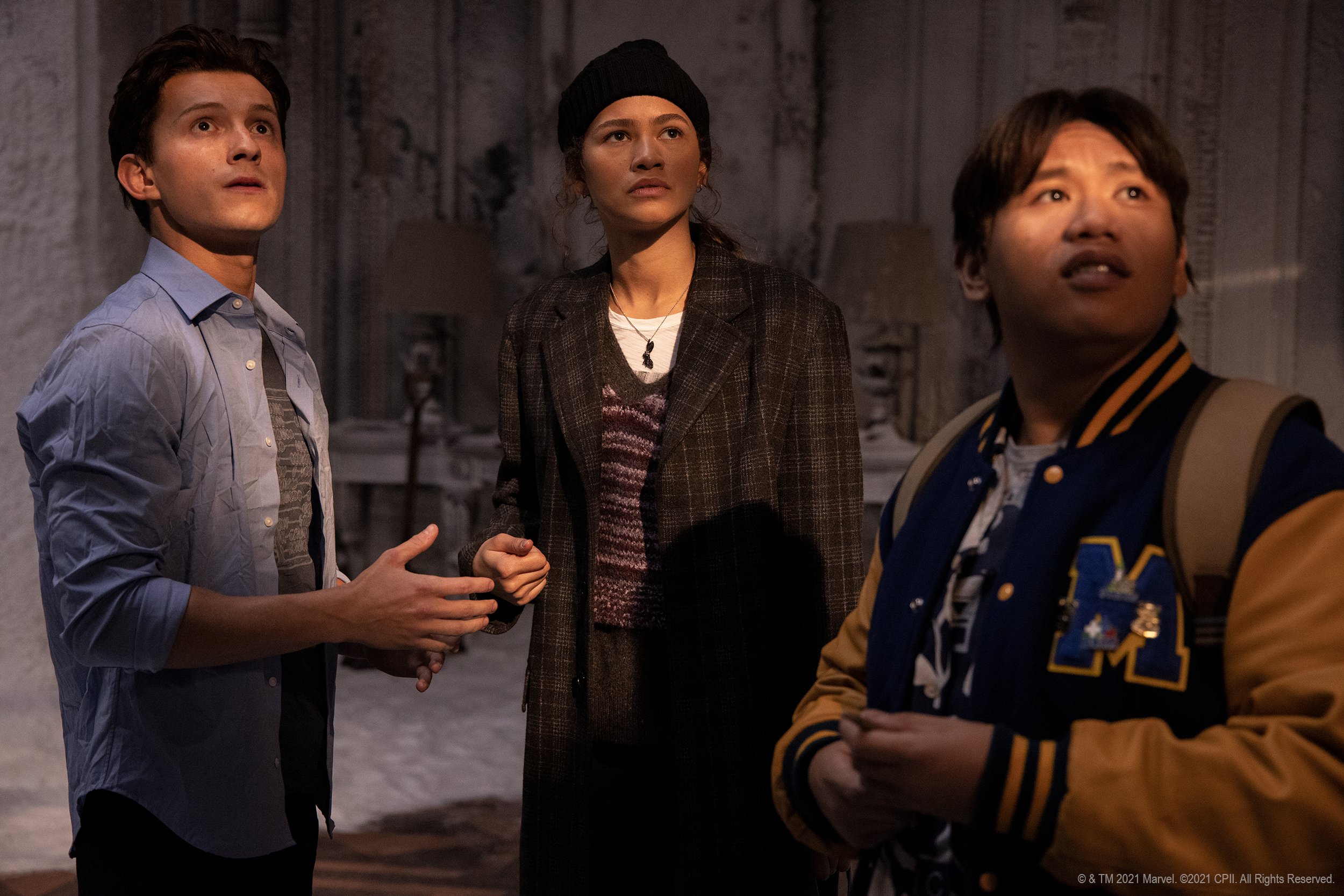 Peter Parker/Spider-Man (Tom Holland), MJ (Zendaya), and Ned Leeds (Jacob Batalon) in "Spider-Man: No Way Home" (2021)