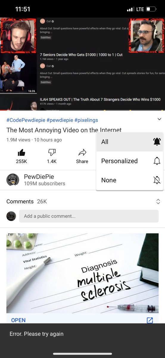 itsjulio_vazque's tweet photo. @YouTube @TeamYouTube  
Been a pewds subscriber for years now and had the notifications on for years now. When I go to put All it says error and it won’t let me. Idk what’s wrong so if you guys can fix this problem. Not tryna miss a pewds vid https://t.co/6ZxoLst5vd