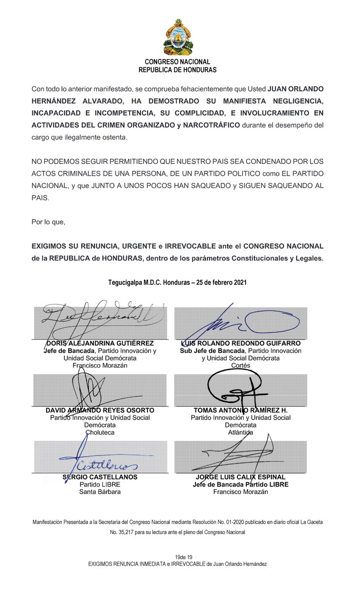 EXIGIMOS SU RENUNCIA 
INMEDIATA e IRREVOCABLE

Señor Juan Orlando Hernández Alvarado.
Poder Ejecutivo
República de Honduras

Nosotros DIPUTADOS DEL CONGRESO NACIONAL DE HONDURAS en nuestra condición de representantes en forma general del pueblo.

bit.ly/2Ms1fdJ