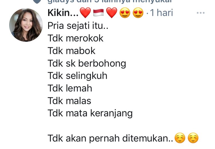 Emangnya wanita sejati itu boleh..
merokok
mabok
berbohong
selingkuh
lemah
malas
mata keranjang, eh, DUITAN?

Harapannya kepanjangan..☺️

Wanita pria sejati itu cukup berharap dirinya baik... mk, nanti pasangannya jg akan ikutan baik.

Dimulai dr diri sendiri dulu. Gitu kan gaes?